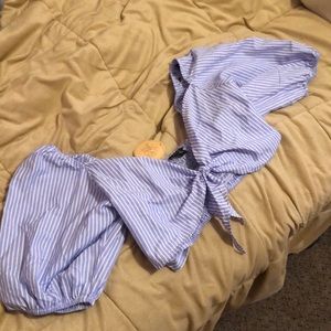 Blue/White Striped Tie Front Crop Top